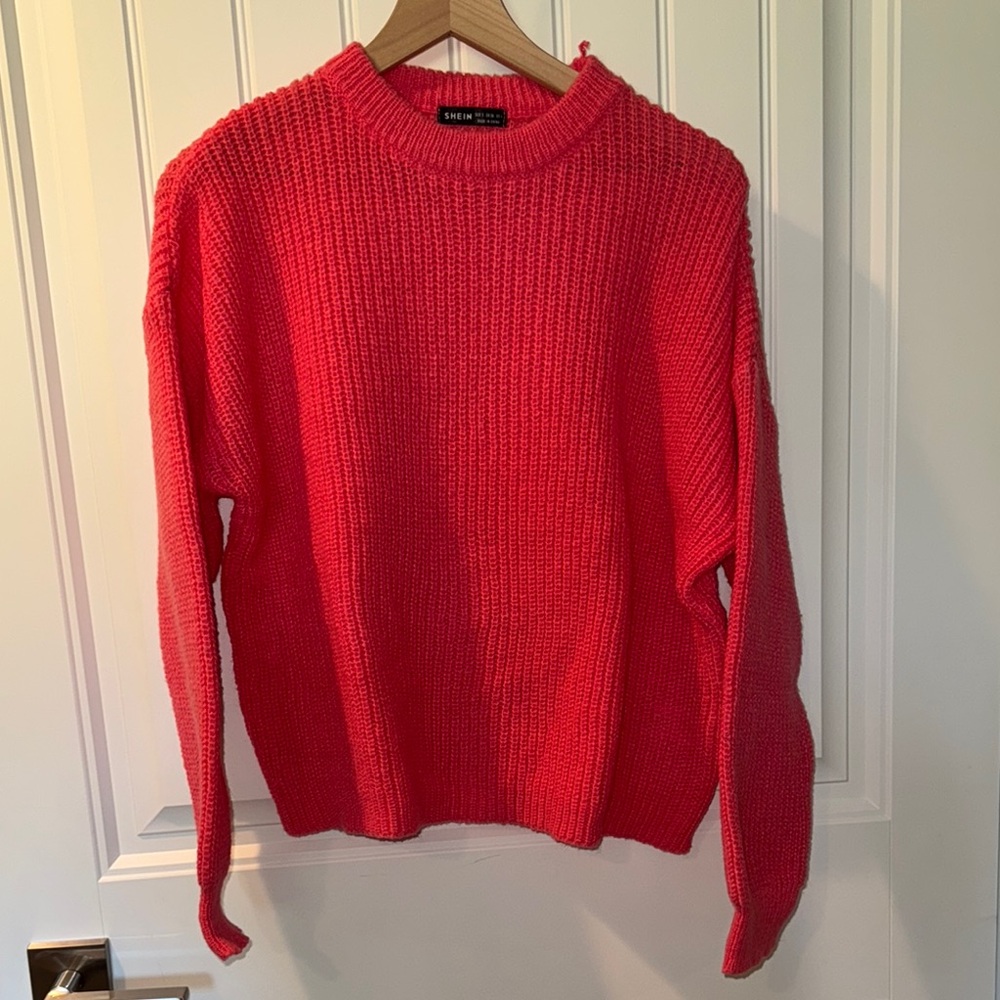 SHEIN Red Crew Neck Sweater with Ribbed Knit